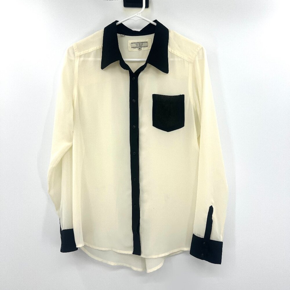 Guess Ivory Black Button Front Semi Sheer Shirt Women's Medium